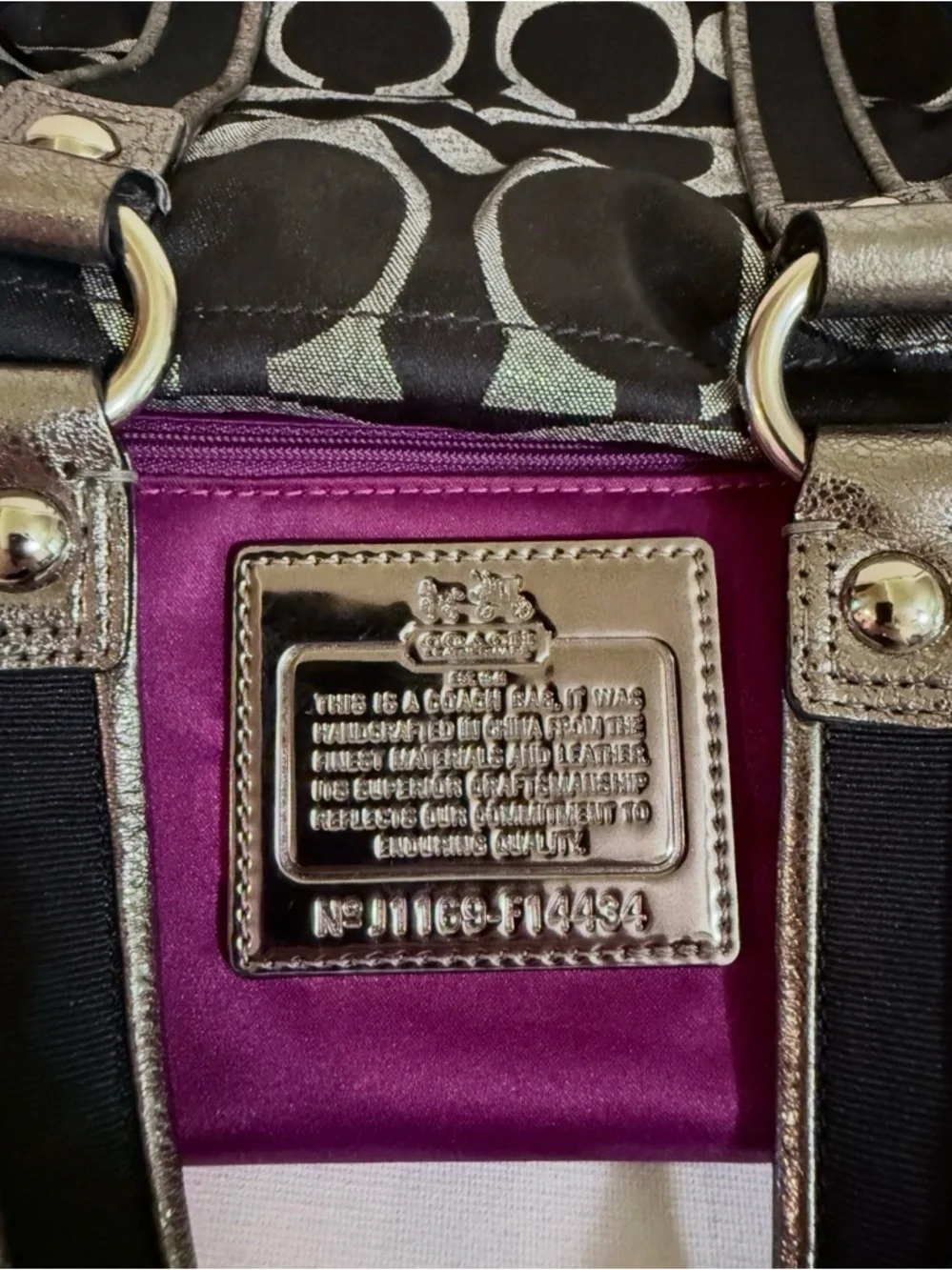 Coach Poppy Metallic Signature Satchel — Glitter Tag + Silver Hangtag + Dust Bag